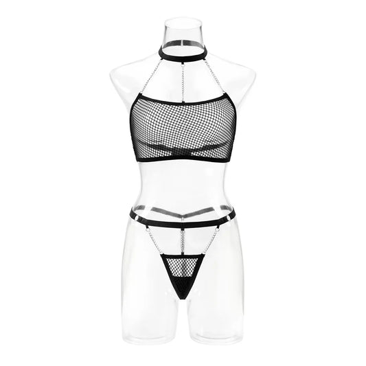 2Pc Lady See-Through Sexy Lingerie Set Black Mesh Halter Tops And Perspective Thongs Sets Women Underwear Bra Set